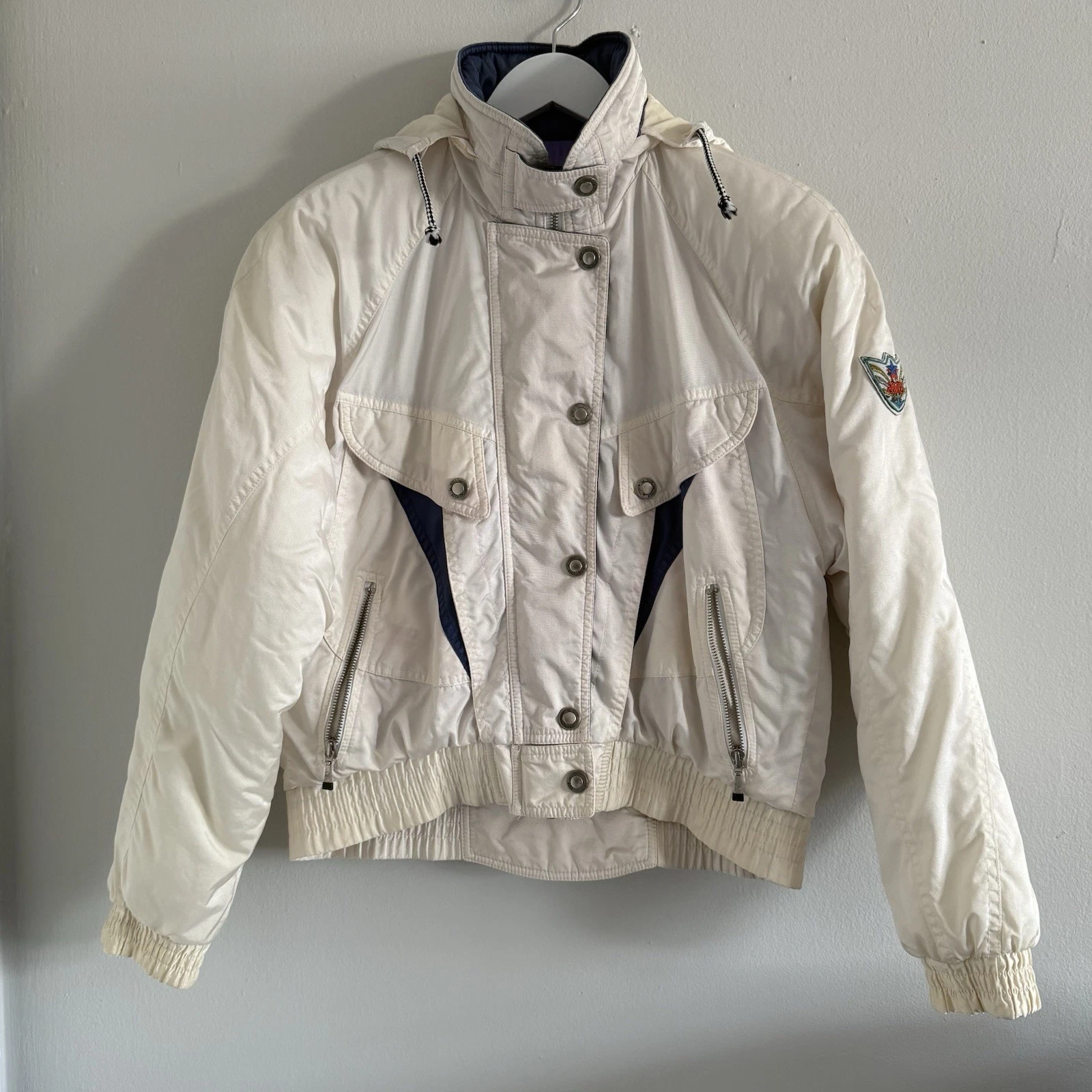 VTG 80's 90's ASICS Women's Ski Snow Jacket White Medium Patch Logo Retro Hood