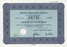 Aktien Brauerei AG 1972 Ohligs Solingen Beckmann 1000 DM K&ouml;ln D&uuml;sseldorf Getaway