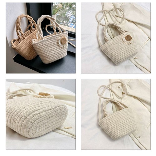Flower Weave Straw Bag Solid Color Raffia Handbag Beach Shoulder Bag Summer - Picture 3 of 12