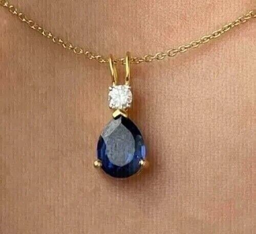 2Ct Pear Cut Simulated Blue Sapphire Solitaire Pendant In 14K Yellow Gold Plated