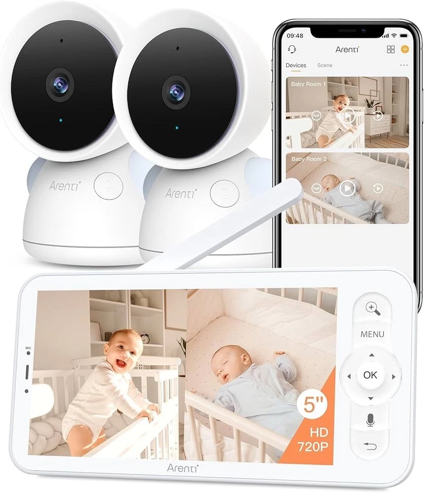 Arenti Baby Monitor, 2 Cameras, 2K WiFi, 5" Screen, Night Vision Tracking D3 Set