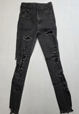 American Eagle Dream Jean Womens 0 Long Black High Rise Skinny Ripped Distressed
