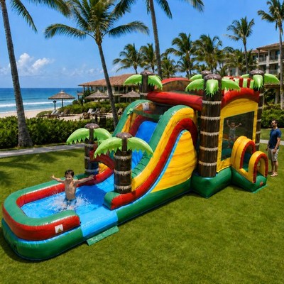 Commercial Inflatable Tropical Fire Marble Bounce House Slide Combo With Blower