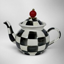 MacKenzie-Childs Courtly Check 4 Cup Enamel Teapot Red Finial Hand Painted
