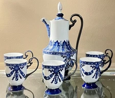Vintage 7Pc Bombay Asian Garden Blue & White 13” Coffee/Tea Pot &Footed  Mugs EC
