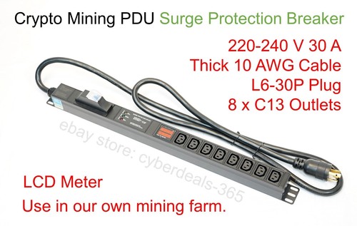 LCD Metered Crypto Mining PDU 240V 30A 6 ft L6-30P 8xC13 Breaker Surge Protect