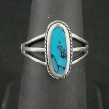 Ring Silver Turquoise Oval Stone with Design Band Sterling 925 Size 6 Band Ring