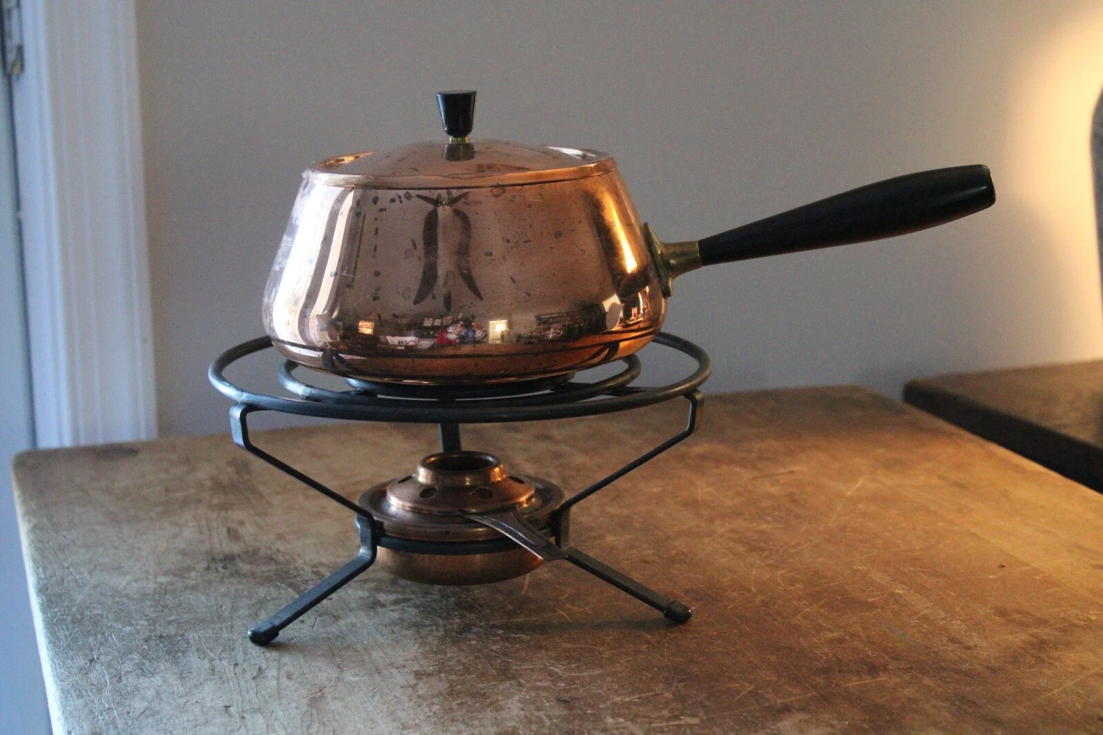 Vintage Mid 20thC Modern Spring Culinox Switzerland Copper Fondue Pot Set