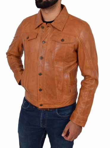 Mens Soft Leather Trucker Jacket Tan American Western Denim Levi Style Coat NEW - Picture 10 of 12