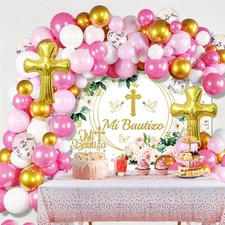 Mi Bautizo Decorations,Baptism Party Decorations Kit - Pink Gold Balloon Garland