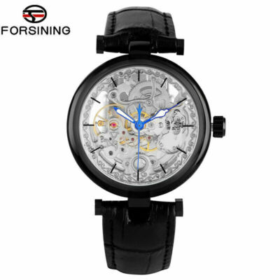 FORSINING Men's Skeleton Auto Mechanical Watch Leather Strap Round Steel Case