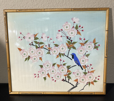 Vintage Bluebird on Cherry Blossom Branch Painting on Fabric - 14.5  X 17.25 