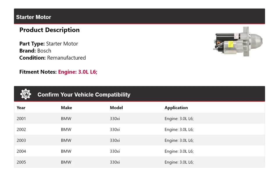 For 2001-2005 BMW 330xi 3.0L L6 Bosch Starter (Remanufactured) 2002 2003 2004 - Image 2 of 4