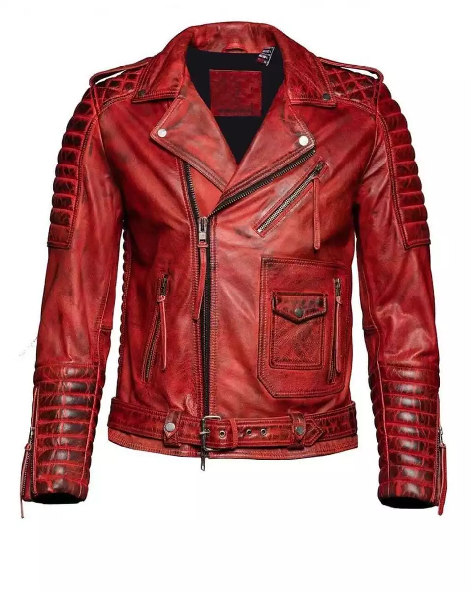 Distressed Quilted Slim Fit Moto Biker Jacket Men's Genuine