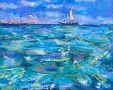 Velero barco navegando en un océano paisaje marino caribeño pintura al óleo lienzo 30x24 pulgadas
