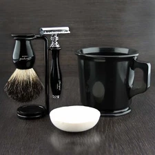5Pc Shaving Kit DE Safety Razor, Black Badger Hair Brush, Stand, Soap & Mug Set