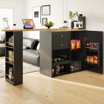 360° Swivel Bar Table Dining Table Kitchen Island with Storage Cabinet Cupboard - Image 1 of 4