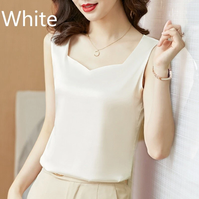 White satin sleeveless blouse sales