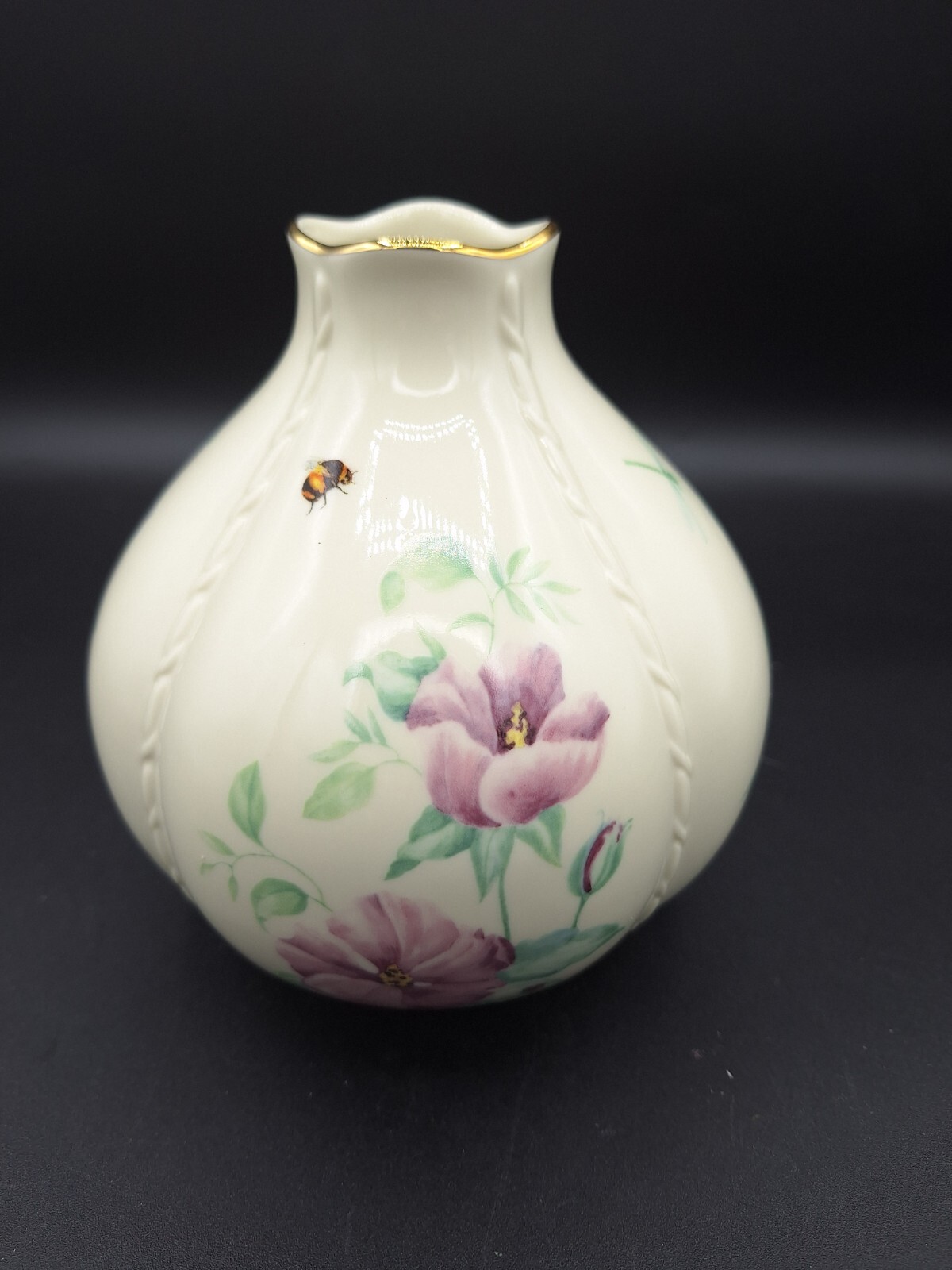 Cream LENOX MORNINGSIDE COTTAGE GLOBE VASE with gold rim, floral purple and white, and green leaves with red dragonflies.