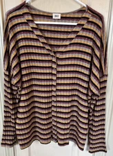 BKE Womens Med Multicolored Striped V-neck Long Sleeve Button Shirt 