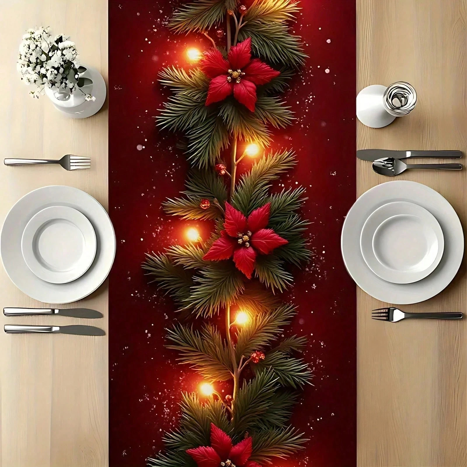 Christmas Table Runner - Red & Green Pine Branches With Twinkling Lights,