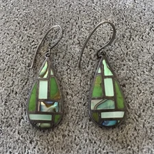 Vintage Boma Multi Green Gemstone Inlay Sterling Silver Dangle Earrings Signed