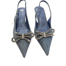 Mango MNG Women’s Denim Sling Backs With Crystal Bow Kitten Heel NEW Sz 7 NEW