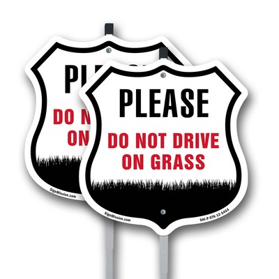 Please Do Not Drive On The Grass Shield Shaped Sign With Stake Weather Resistant