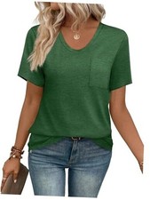 Women Summer T Shirts Short Sleeve Rounded V Neck Pocket Large 1-dark Green