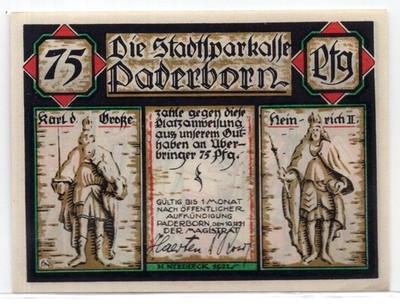 1921 Germany Paderborn Notgeld 75 Pfennig Note (3188)