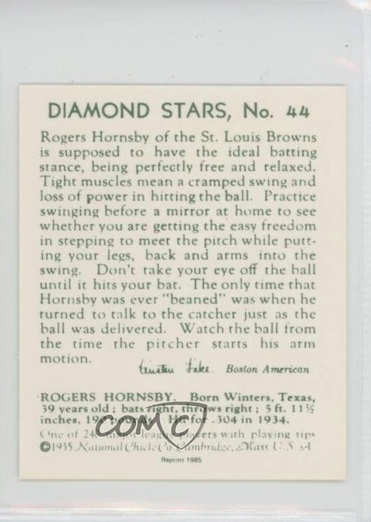 1985 1934-36 National Chicle Diamond Stars Reprints Rogers Hornsby #44 HOF - Image 2 of 2