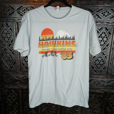 Hawkins Stranger Things Happen Here '85 Next Level Light Blue T-shirt Size Large