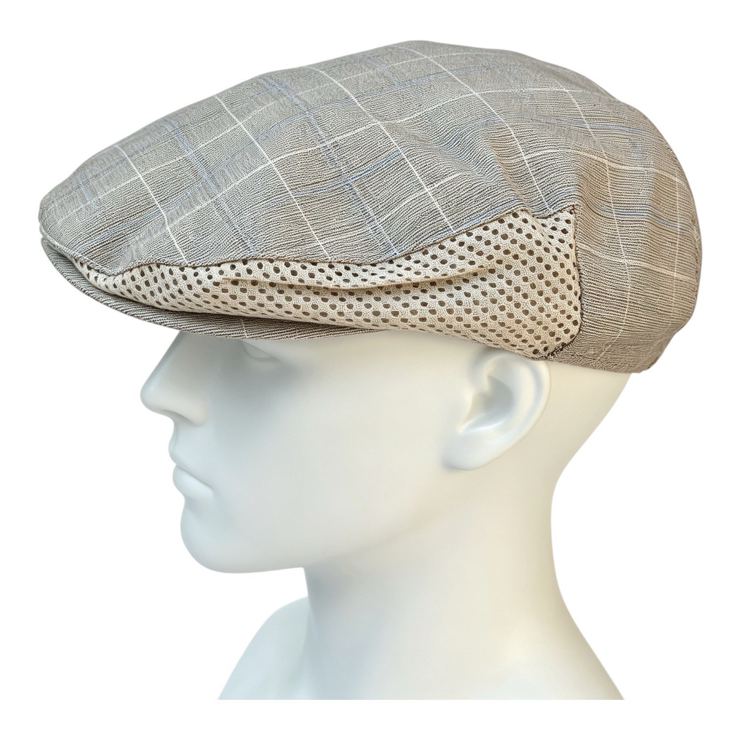Mens Vintage 80s Flat Cap Prince of Wales Check Beige Large 58cm RefJ