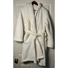 Pottery Barn Plush Robe Teddy Bear Sherpa Fleece Cream White Long Sleeve Small