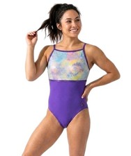 GK Elite VTG Rainbow Color Splotch Pixelated LS Cami Leotard Glitter Trim AL