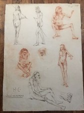« Hommes Nus » Grande Planche Ancienne Dessins au fusain, signés José Delacroix