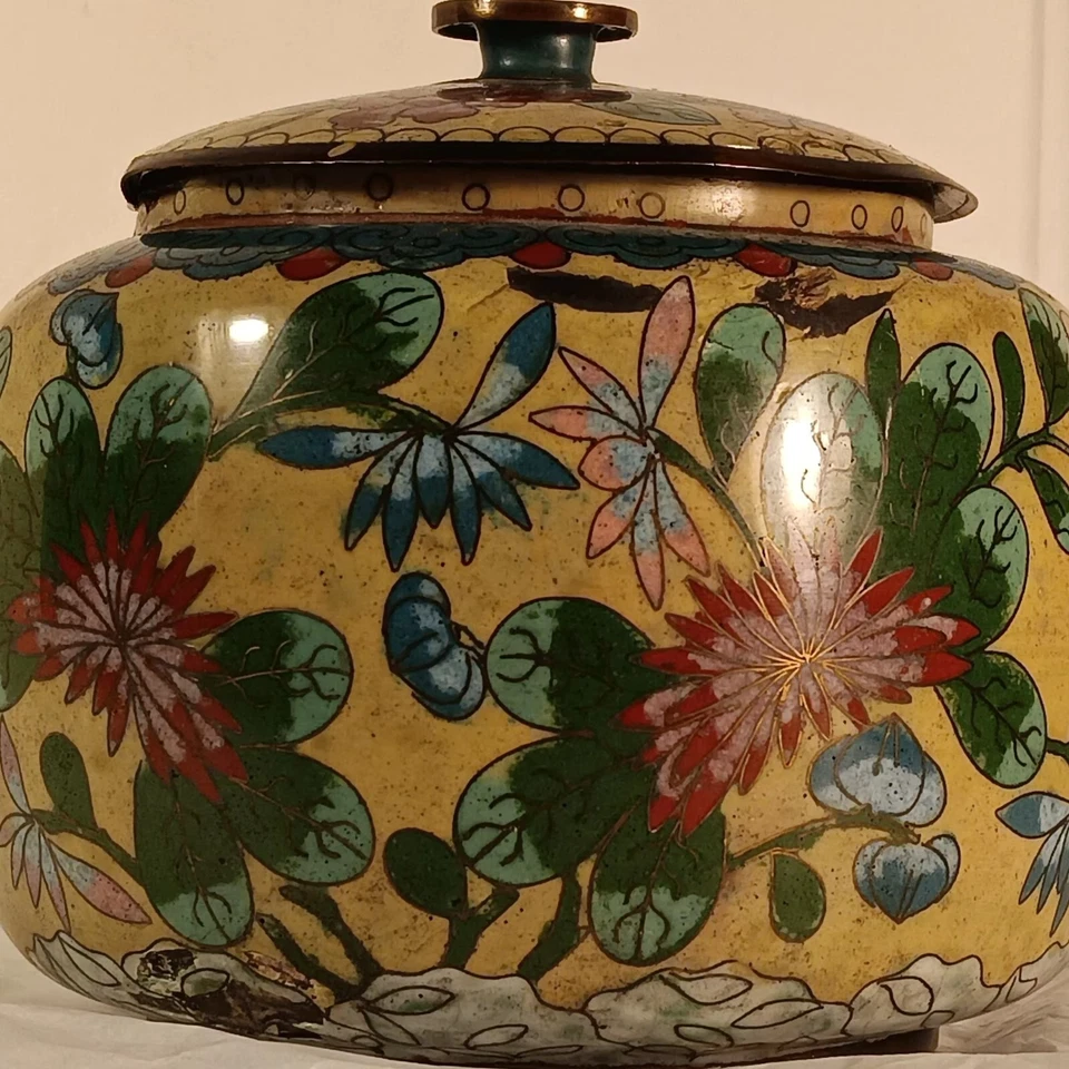 Olla de agua cloisonné china - floral y mariposa - tarro con tapa - 6" vintage Foto 2 de 4