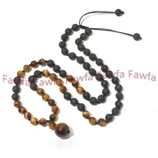 Handmade Natural 8mm Black Lava Rock Tigers Eyes Round Gems Pendant Necklace 18"
