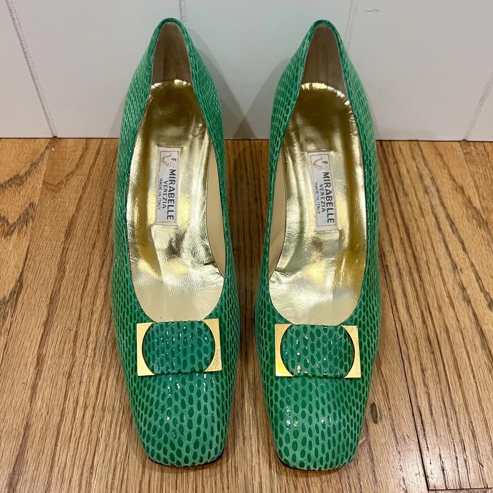 Vtg Italian Green Heels Venezia Designer 80s 7.5 Animal Skin Made In Italy Gold - Image 3 of 4