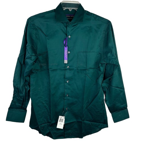 Geoffrey Beene Mens Sateen Dark Green Dress Shirt 15 (32/33) Classic Fit No Iron