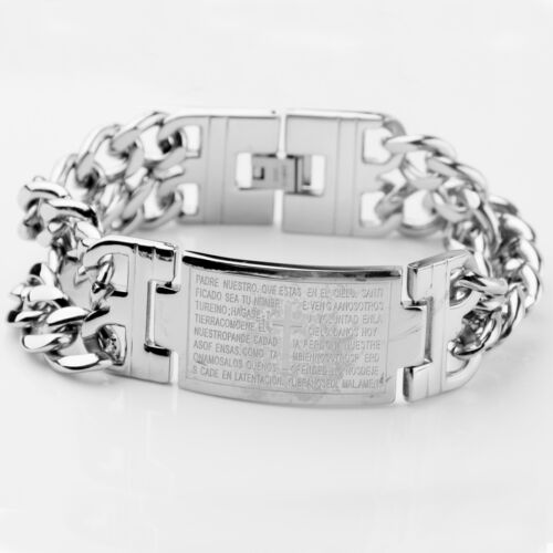 Charming Heavy Men 316L Stainless Steel Silver Bible Cross Cowboy Chain Bracelet - Picture 2 of 4