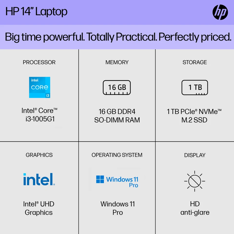 HP Laptop Computer Office 2024 Notebook 14" Intel i3 16GB RAM 1TB SSD Win 11 Pro - Image 3 of 4