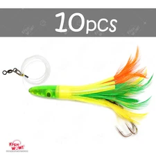 10pcs Zucchini 6" Fishing Tuna Feather head Jet Rigged Lure Double tuna Hook NEW