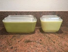 2 VTG PYREX YELLOW & AVOCADO REFRIGERATOR DISHES WITH LIDS #501, #502