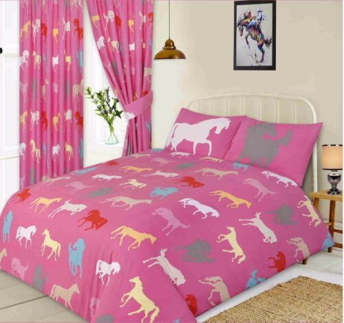 HORSES PINK PONY SILHOUETTE OUTLINE GALLOPING BLUE GREY RED BEDDING OR CURTAINS - Picture 1 of 2