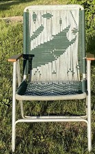 VTG Hand Woven Macram  Yarn Aluminum Folding Lawn Chair Fish Retro w/Rust Wear