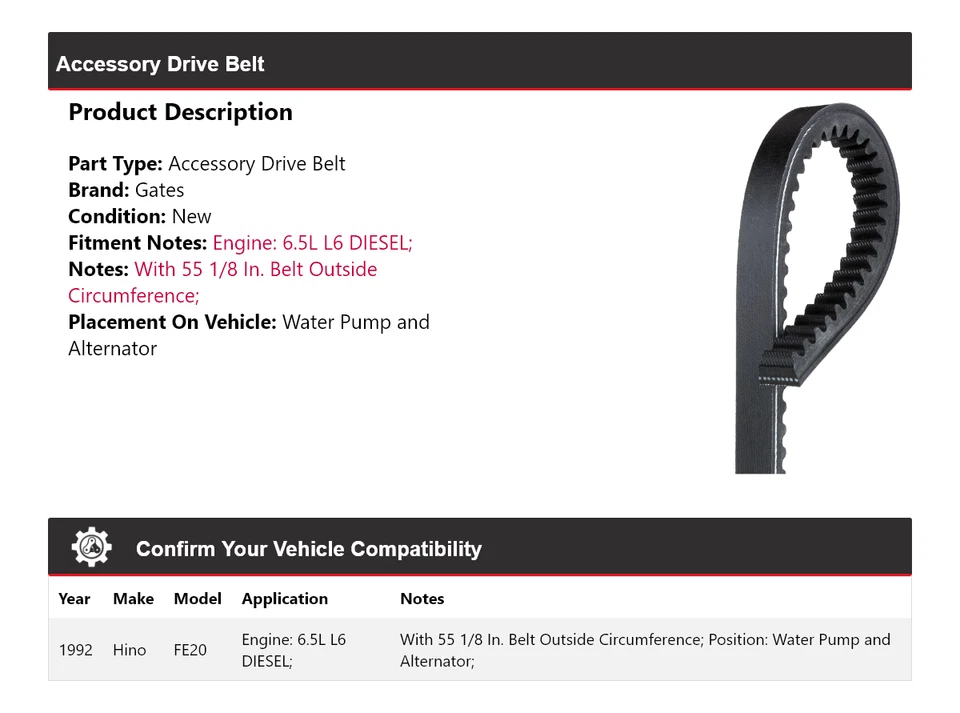 For 1992 Hino FE20 6.5L L6 DIESEL Drive Belt For Water Pump and Alternator Gates - Image 2 of 4