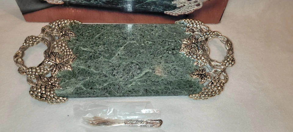 Godinger зеленый мраморный поднос посеребренный виноград дизайн с коробкой и ножом Paul Revere - Изображение 2 из 4
