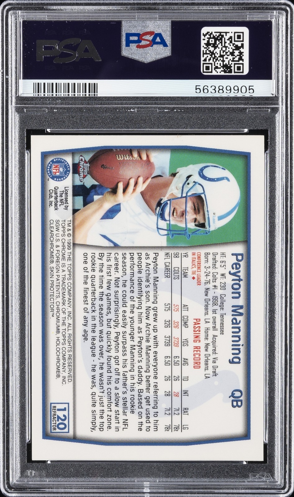 1999 TOPPS CHROME REFRACTOR #120 PEYTON MANNING PSA 9 view 2