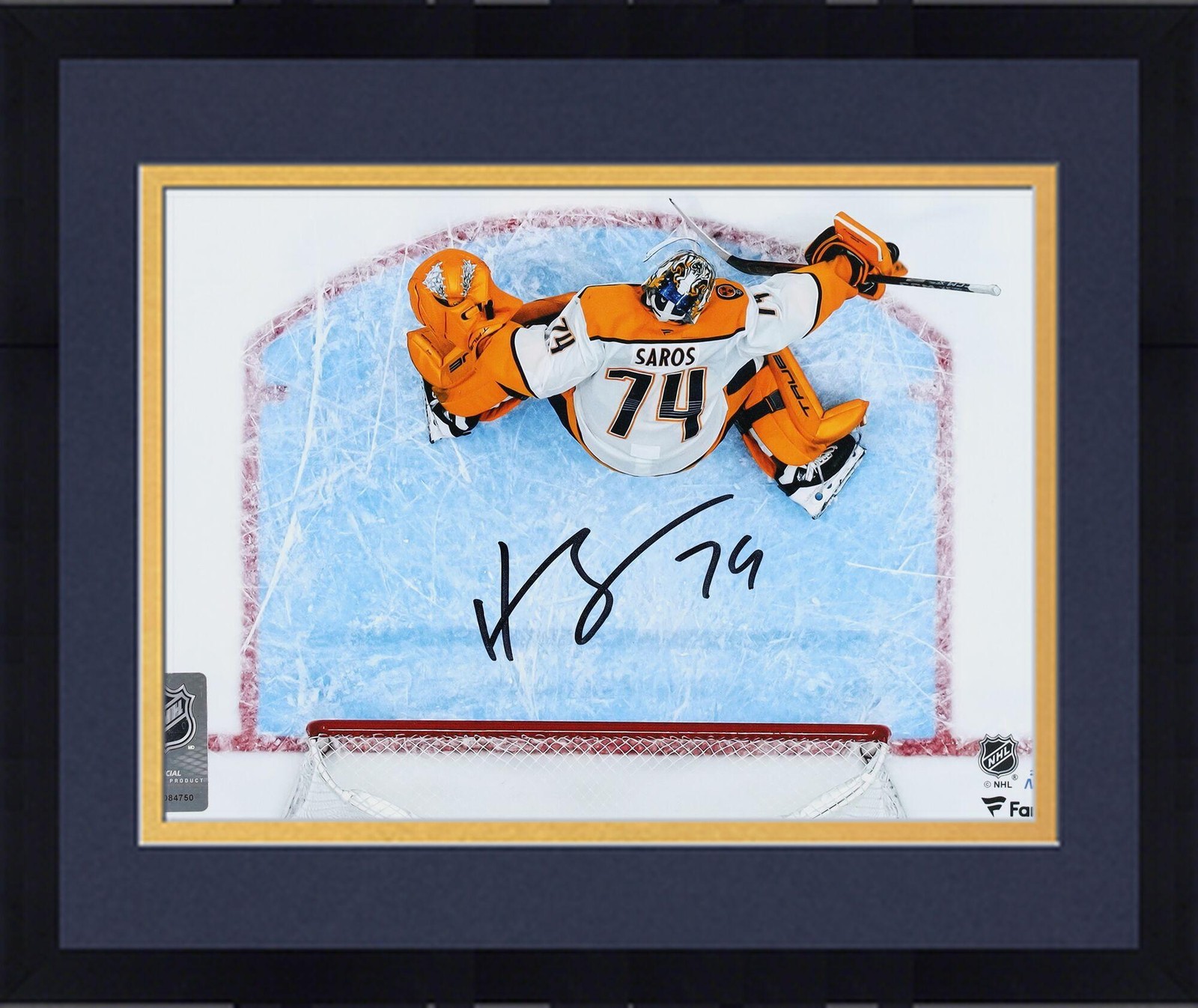Juuse Saros Autographed Signed Nashville Predators Framed Predators 8x10 White Jersey Overhead Making Save Photo 